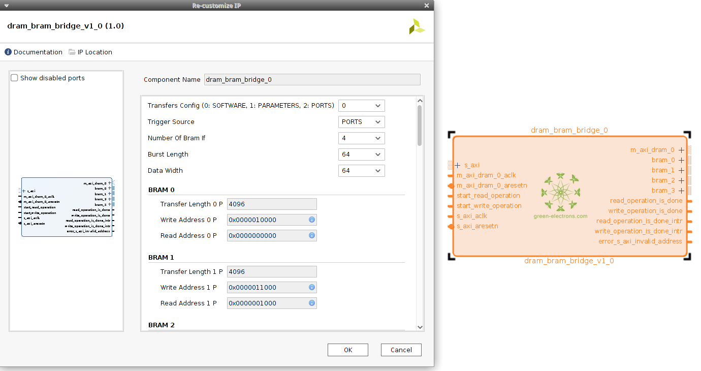 AXI DRAM-BRAM bridge IP configuration GUI.